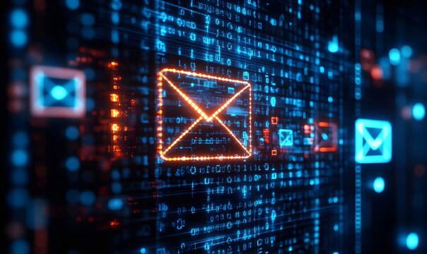 glowing email icons and a stream of binary code representing data transfer, internet and communication concepts. The binary code flows around the icons, implying digital and network connections. 