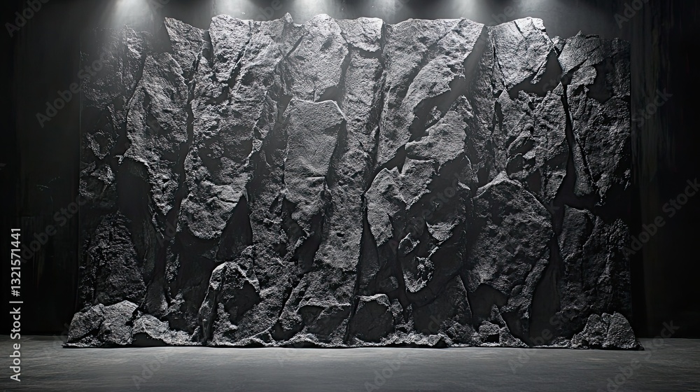 Poster textured black stone backdrop with controlled lighting and dynamic shadow play for bold product show