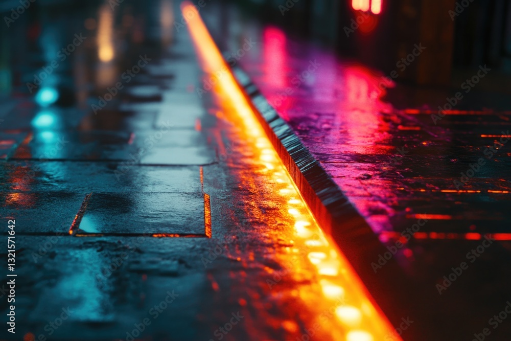 Poster a wet sidewalk with a line of lights shining down, suitable for use in urban or cityscape scenes