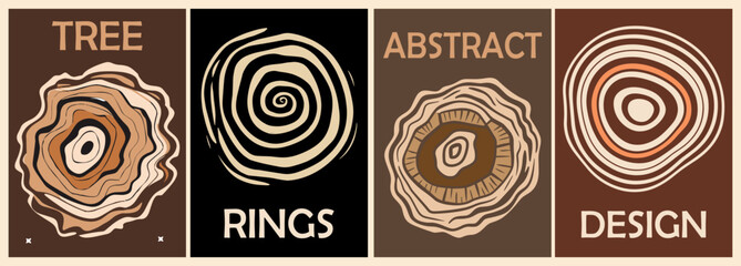 Set of modern abstract contemporary wall art, beige and black posters with tree rings drawings. Vector monochrome simple stylized illustrations for Scandinavian, Japandi style interior decoration.