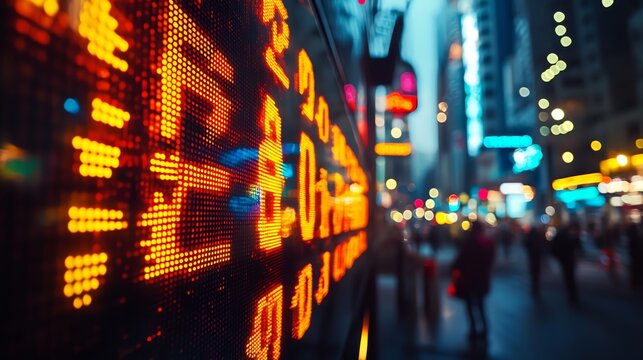 Dynamic Stock Market Data Display at Night in City - Powered by Adobe
