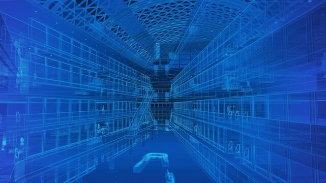 Big shopping center hologram. Blue wireframe 3D render of a shopping mall.