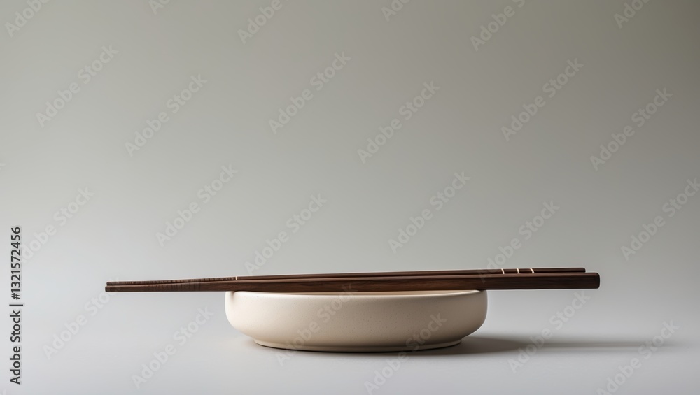 Poster chopsticks resting on a simple ceramic plate with a minimalist background in a calm, modern setting