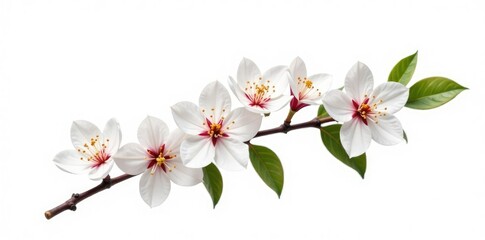 Fototapeta premium Single branch with leaves and flowers isolated on white background, flowers, delicate, greenery