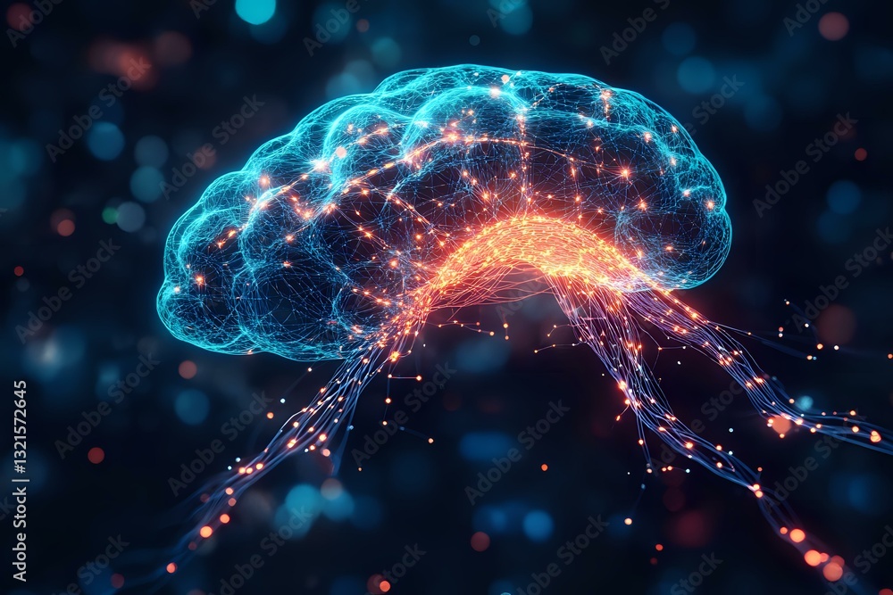 Aufkleber glowing neural network in shape of human brain with connected nodes and synapses on dark background 
