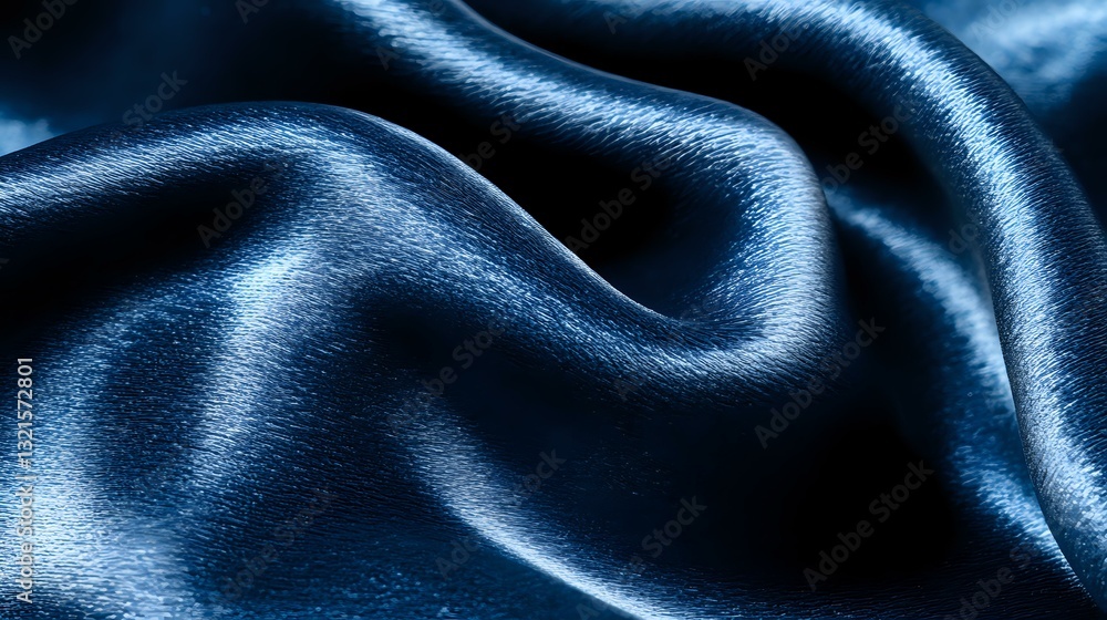 Poster luxurious navy blue silk fabric with elegant waves and folds creating smooth curves and highlights. 
