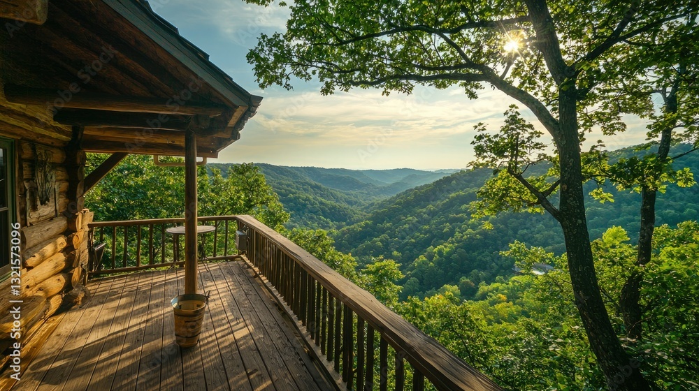 Poster a tree house with a large deck overlooking a scenic forest valley