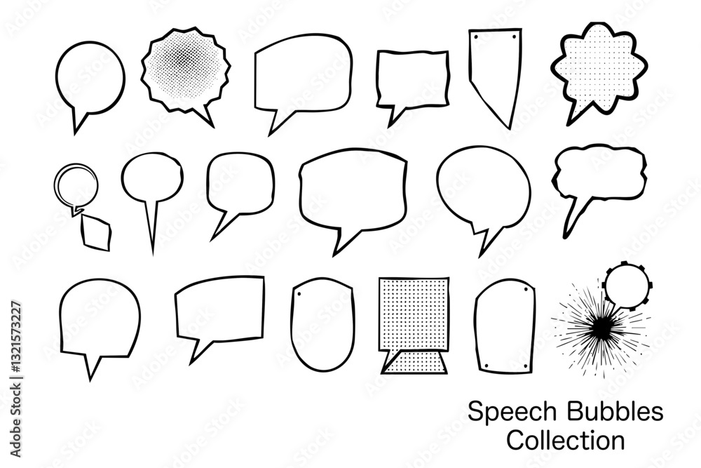 Poster collection of various speech bubbles in different shapes and styles, ideal for graphic design and co