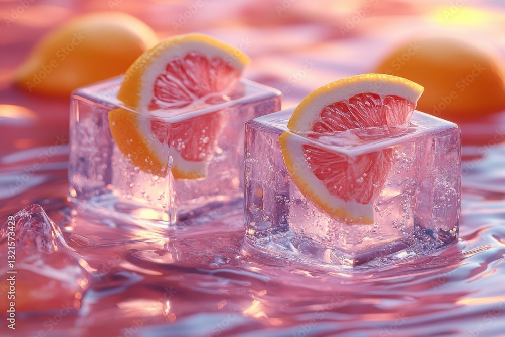 Poster refreshing citrus fruit slices nestled within translucent ice cubes floating on a glossy vibrant pin