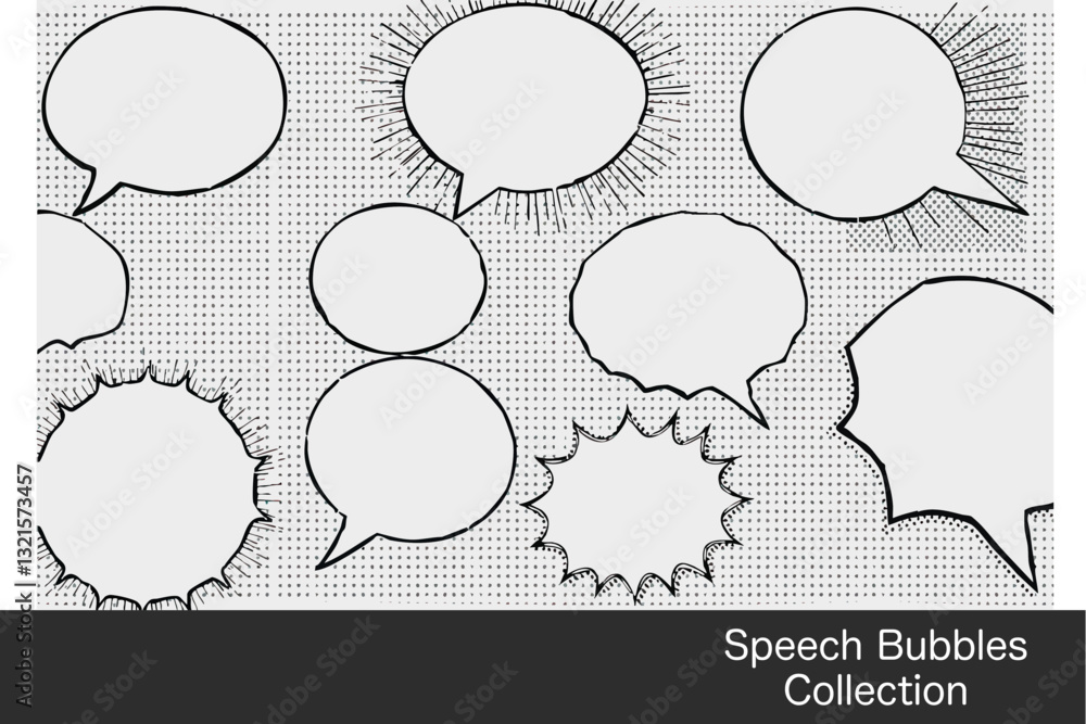 Poster collection of various speech bubbles in different shapes and styles, perfect for comic or graphic de