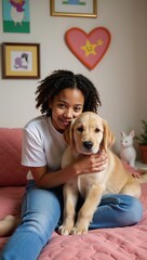 A warm and loving scene showcasing an African-American teenager cuddling a golden retriever pup in their decorated bedroom