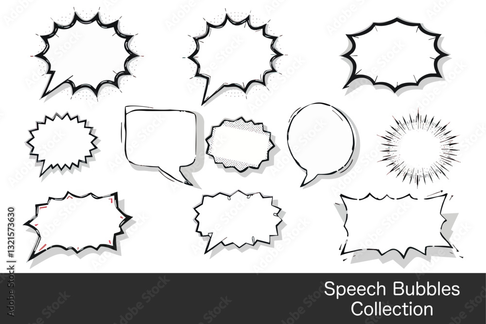 Poster collection of various speech bubbles in different shapes and styles, perfect for comic or graphic de
