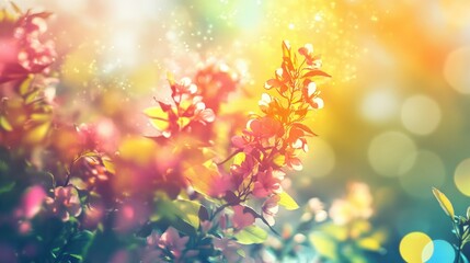 Vibrant blossoms illuminated by sunlight, creating a dreamy atmosphere with colorful bokeh in the background