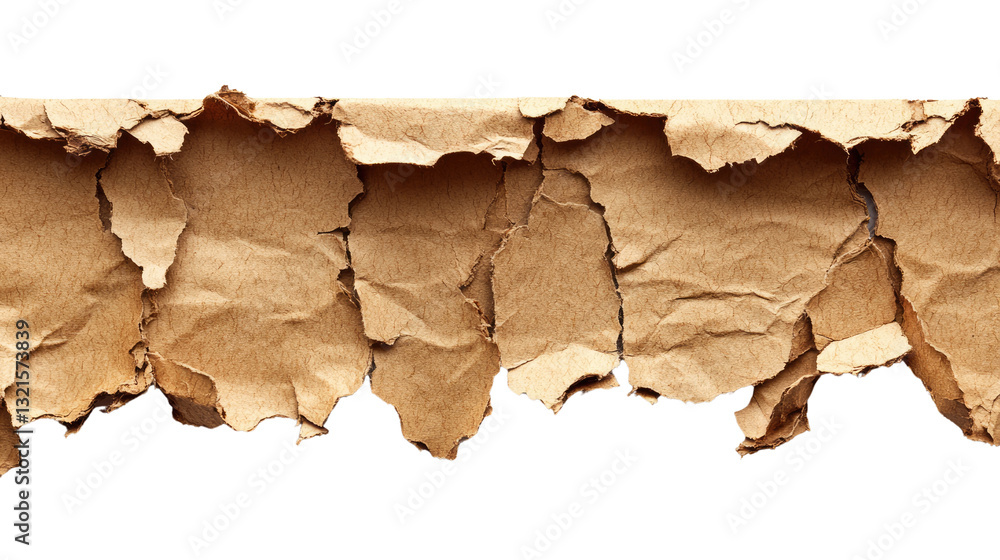 Aufkleber torn paper: a close-up view of a strip of aged, torn brown paper with irregular edges, creating a te