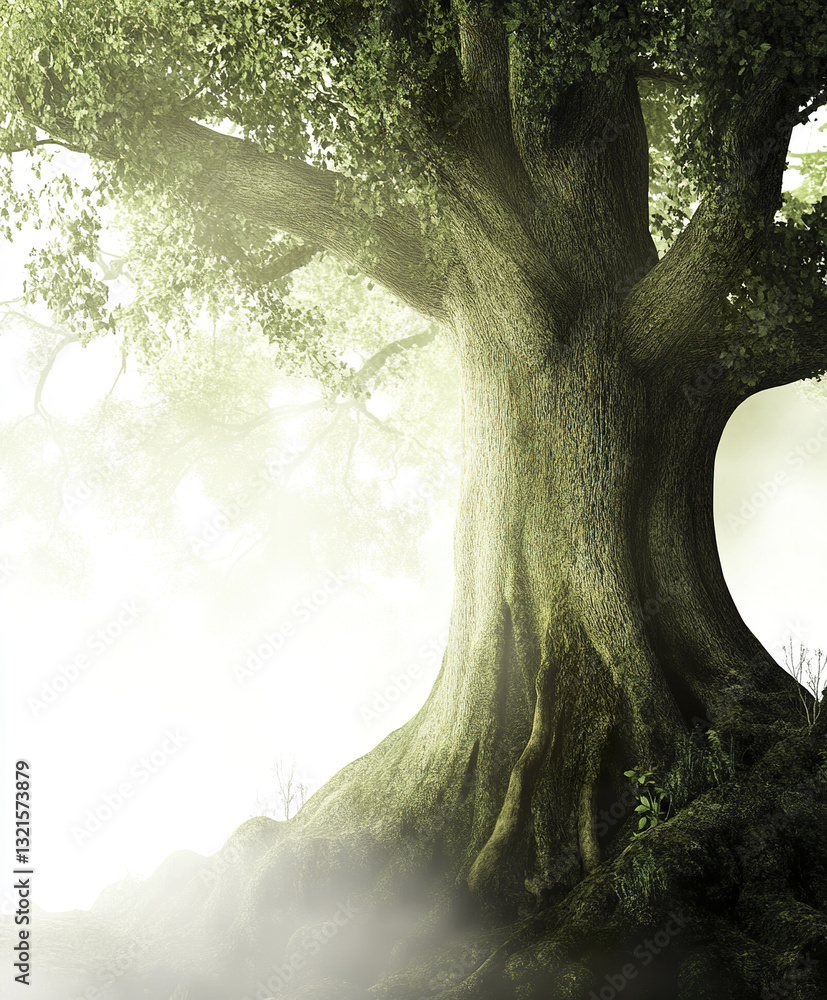 Poster ancient tree in mystical forest with soft light and mist