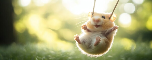A happy small rodent swinging freely on a sunny day