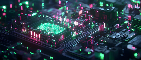 Fototapeta premium Green Artificial Intelligence Digital Brain On Futuristic Circuit Board With Pink And Green Lights