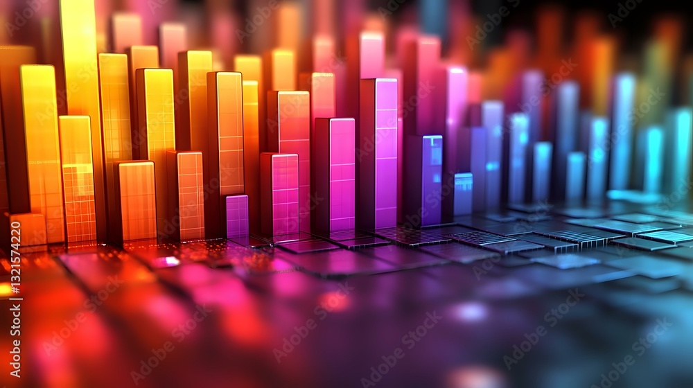 Poster colorful glowing audio equalizer bars in rainbow spectrum colors on reflective surface with bokeh ef