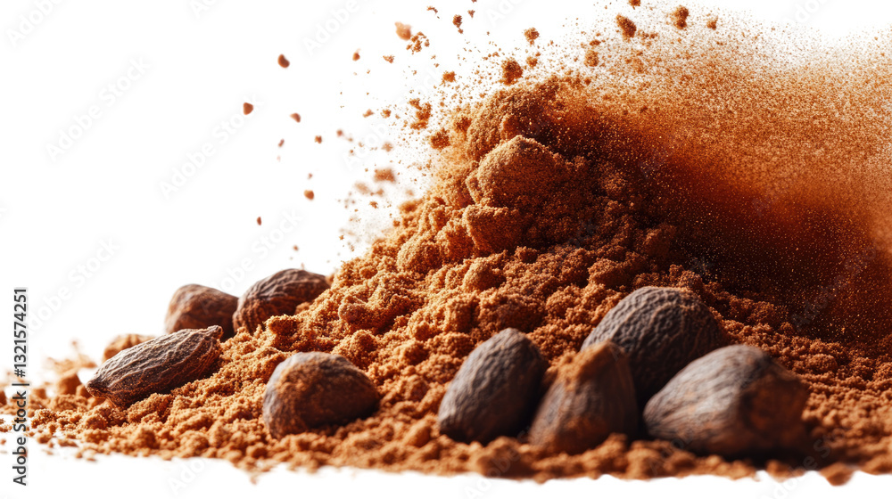 Poster chocolate cascade: a close-up of cocoa beans and powder cascading, offering a tempting visual that a