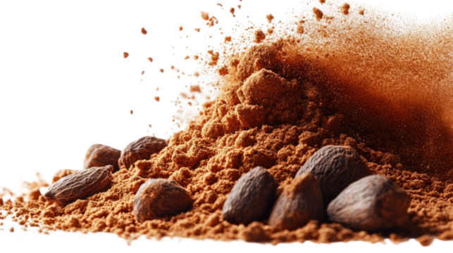 Chocolate Cascade: A close-up of cocoa beans and powder cascading, offering a tempting visual that appeals to all ages.