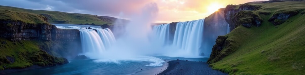 Dramatic Skogafoss waterfall, ethereal mist, long exposure photography , moss, image