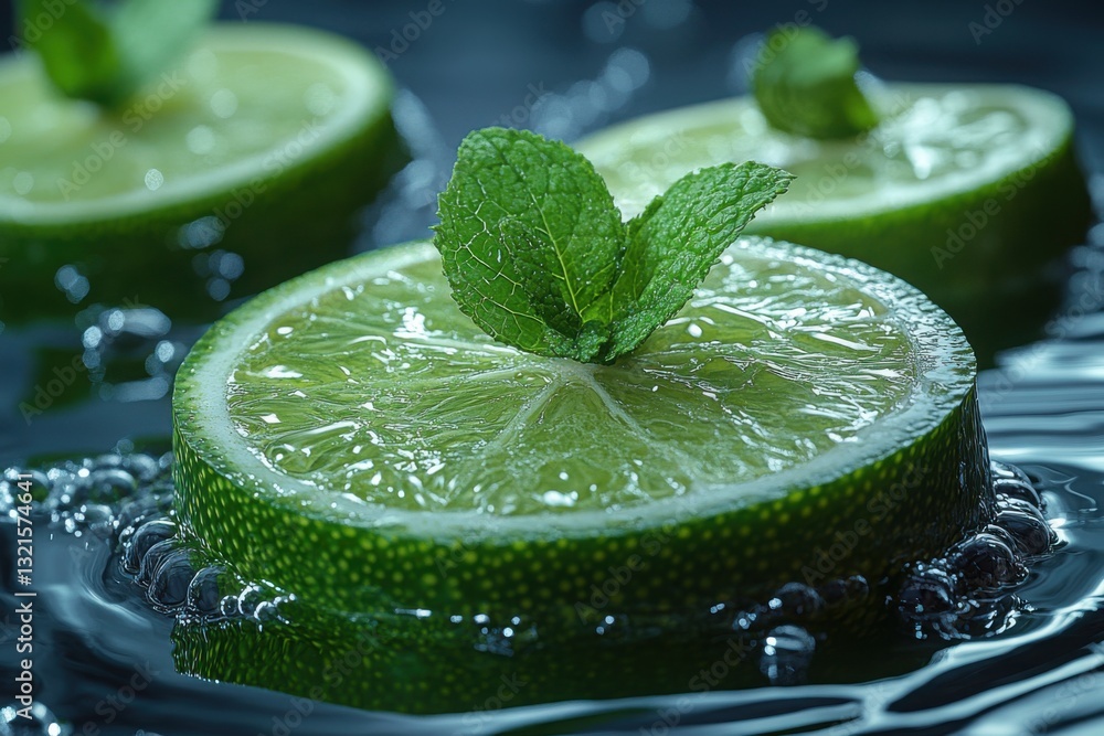 Poster lime slices and mint leaves float in water with bubbles showcasing a vibrant refreshing and visually