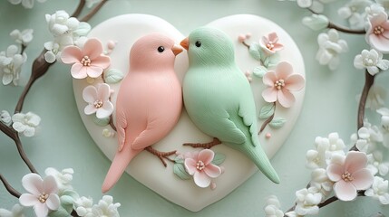 Pair of lovebird pink and light green setting on the treen branch UHD wallpaper