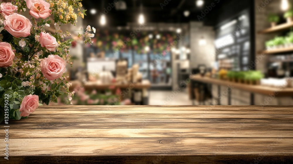 Poster sunlight gently illuminates a rustic wood table top on a blurred kitchen counter, adorned with bloom