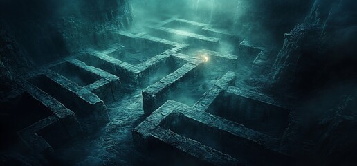 Mysterious stone labyrinth shrouded in mist with a light, an enigma