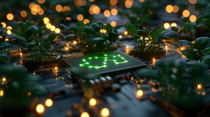 Circuit board with plants and glowing digits