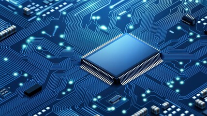 AI and Big data network connection background. Close-up of a microchip on a blue circuit board with glowing connections.