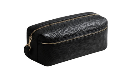 Naklejka premium Leather Travel Kit: A luxurious black leather travel kit, elegantly designed and showcasing fine craftsmanship, perfect for storing essentials.