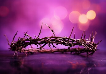 Fototapeta premium Close-up of Crown of Thorns Against Purple Background with Bokeh Lights