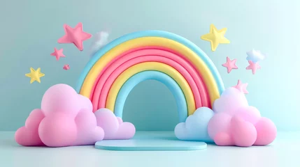 3D rendering of a cartoon rainbow podium background with clouds and stars for product presentation