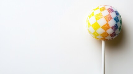 Obraz premium Vibrant checkered lollipop isolated against a bright, minimalist backdrop