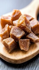 Chunks of golden brown caramel toffee candy pieces on wooden serving board, close up macro shot showing rich texture and glossy surface in natural light.