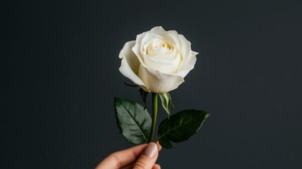 Fototapeta premium Single white rose held by hand