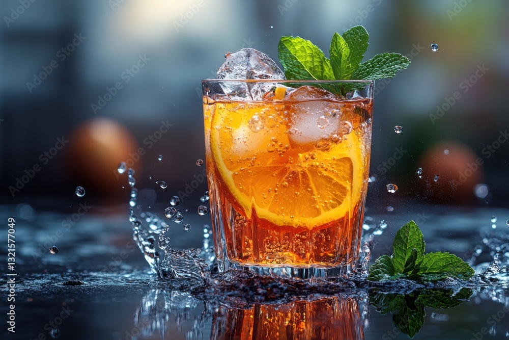 Poster refreshing citrus cocktail with ice and mint capturing a vibrant and inviting drink experience a bur