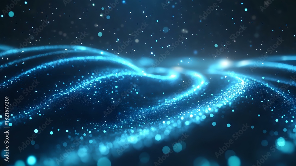 Aufkleber glowing blue waves of light with sparkling particles flow through dark space creating dynamic motion