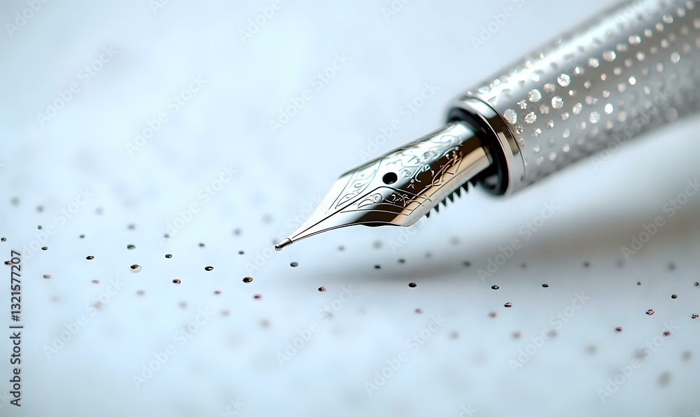 Poster elegant fountain pen nib with textured metallic barrel in macro view against soft white background, 