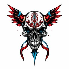 Fototapeta premium Skull with Wings Illustration: A detailed illustration of a skull adorned with intricate designs and vibrant wings, evoking a sense of dark artistry and macabre beauty.