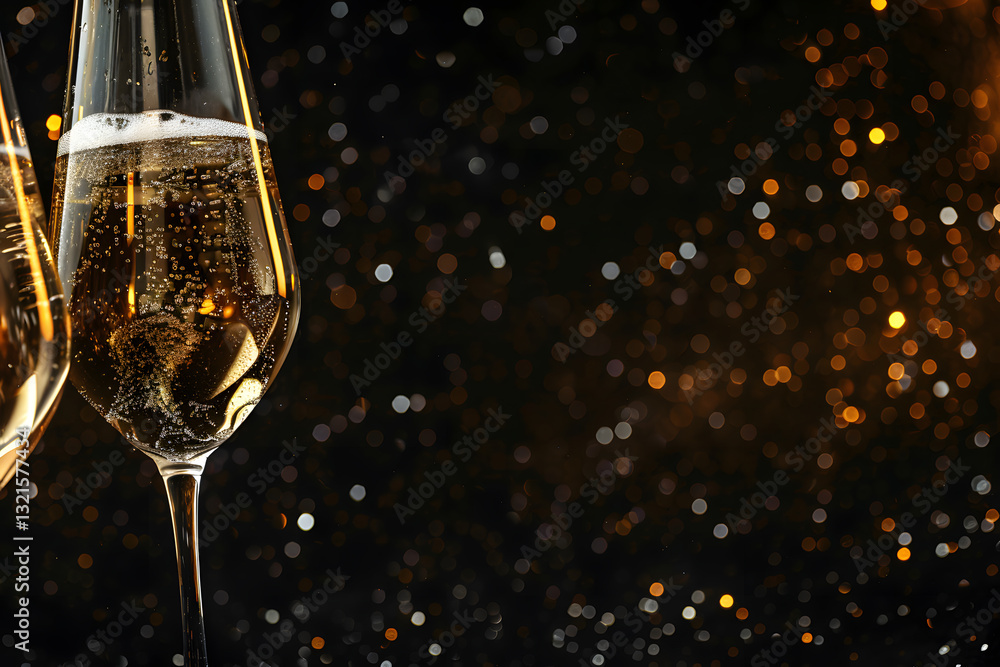Poster close-up of champagne bubbles with a festive bokeh background