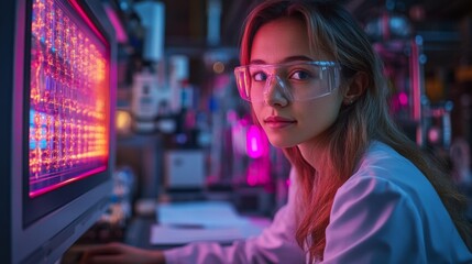 A scientist analyzes complex quantum models on a computer screen, exploring concepts like qubits, superposition, and entanglement in a sophisticated lab setting.