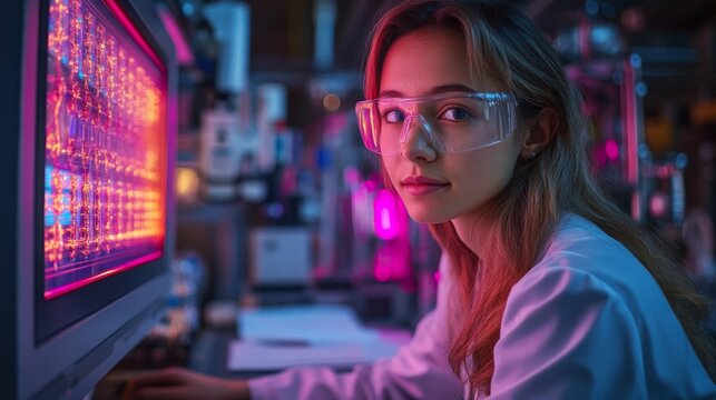 A scientist analyzes complex quantum models on a computer screen, exploring concepts like qubits, superposition, and entanglement in a sophisticated lab setting.