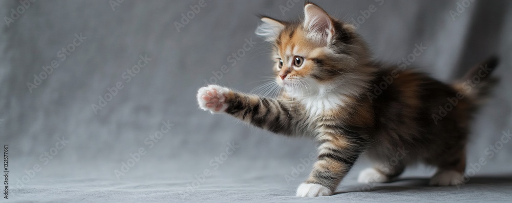 Poster a small fluffy kitten extending a paw on a grey background