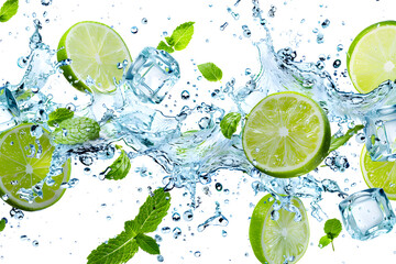 Fresh lime splash with mint and ice cubes