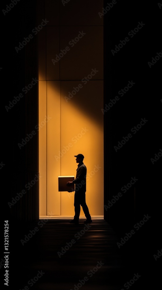 Poster a person carrying a suitcase walks through a dimly lit environment, possibly lost or searching for s