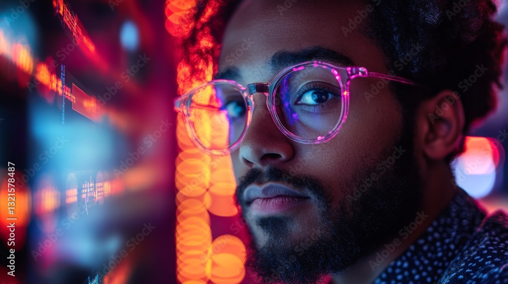 Poster A person with curly hair and pink glasses contemplates quantum computing concepts such as qubits, superposition, and entanglement while surrounded by colorful data visualizations.