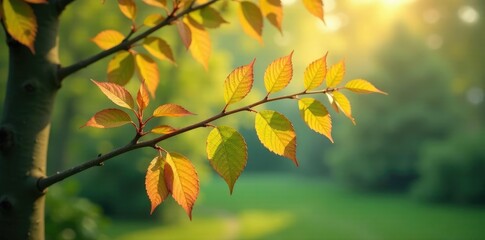 Obraz premium Springtime leaves and branches with dew drops, white, autumn