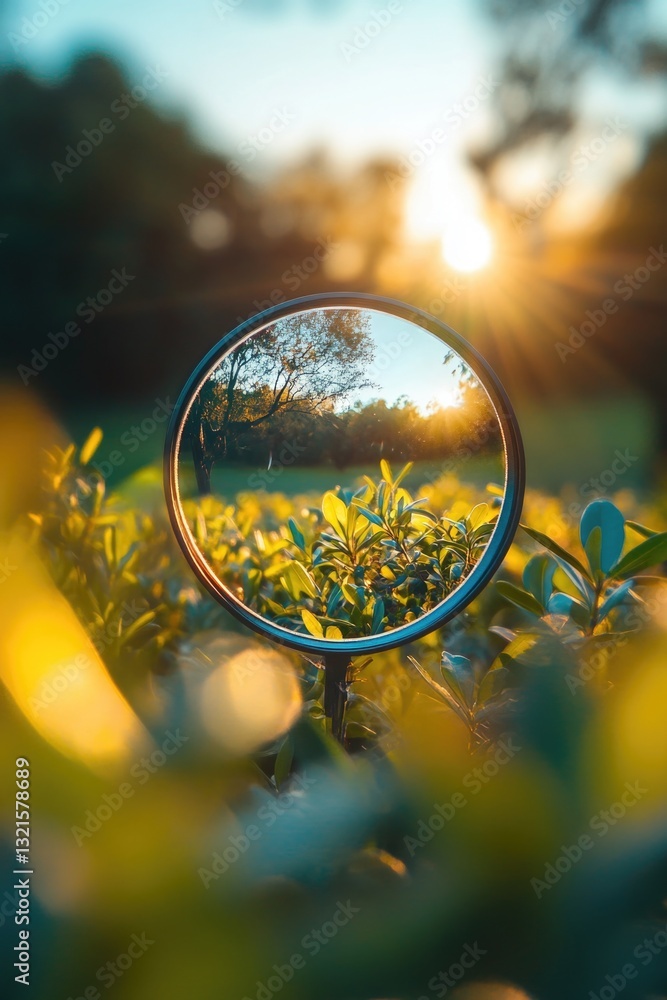 Poster A close-up shot of a magnifying lens in a natural setting, suitable for use as an icon or symbol